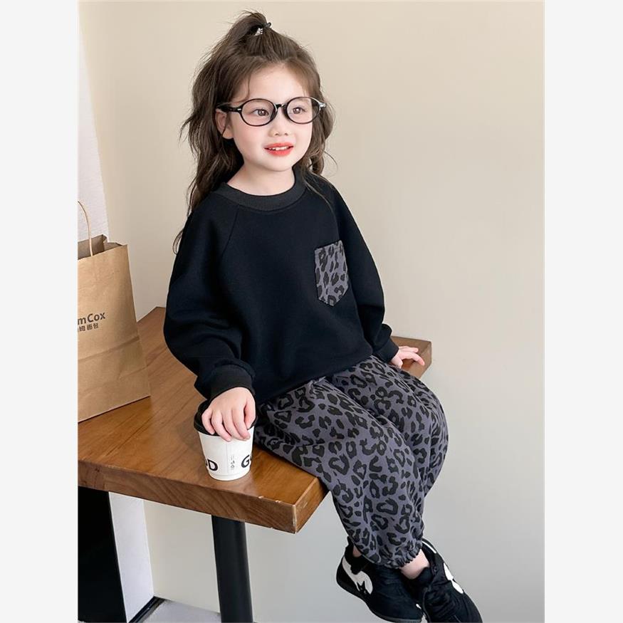 女童套装2025新款春秋儿童女宝宝豹纹卫衣休闲裤两件套洋气运动服