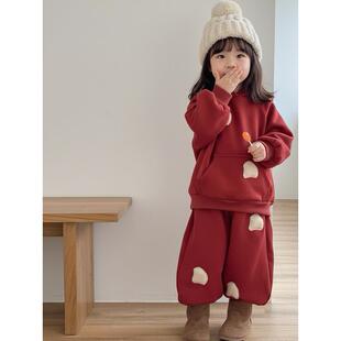女童加绒卫衣套装一体绒冬季新款儿童运动裤小女孩宝宝红色过年服