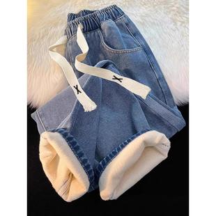 加绒加厚牛仔裤女秋冬款松紧腰直筒阔腿小个子2025年新款冬季裤子