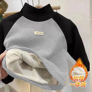 儿童2025秋冬季加绒加厚男童女童德绒打底衫T恤半高领一体绒上衣