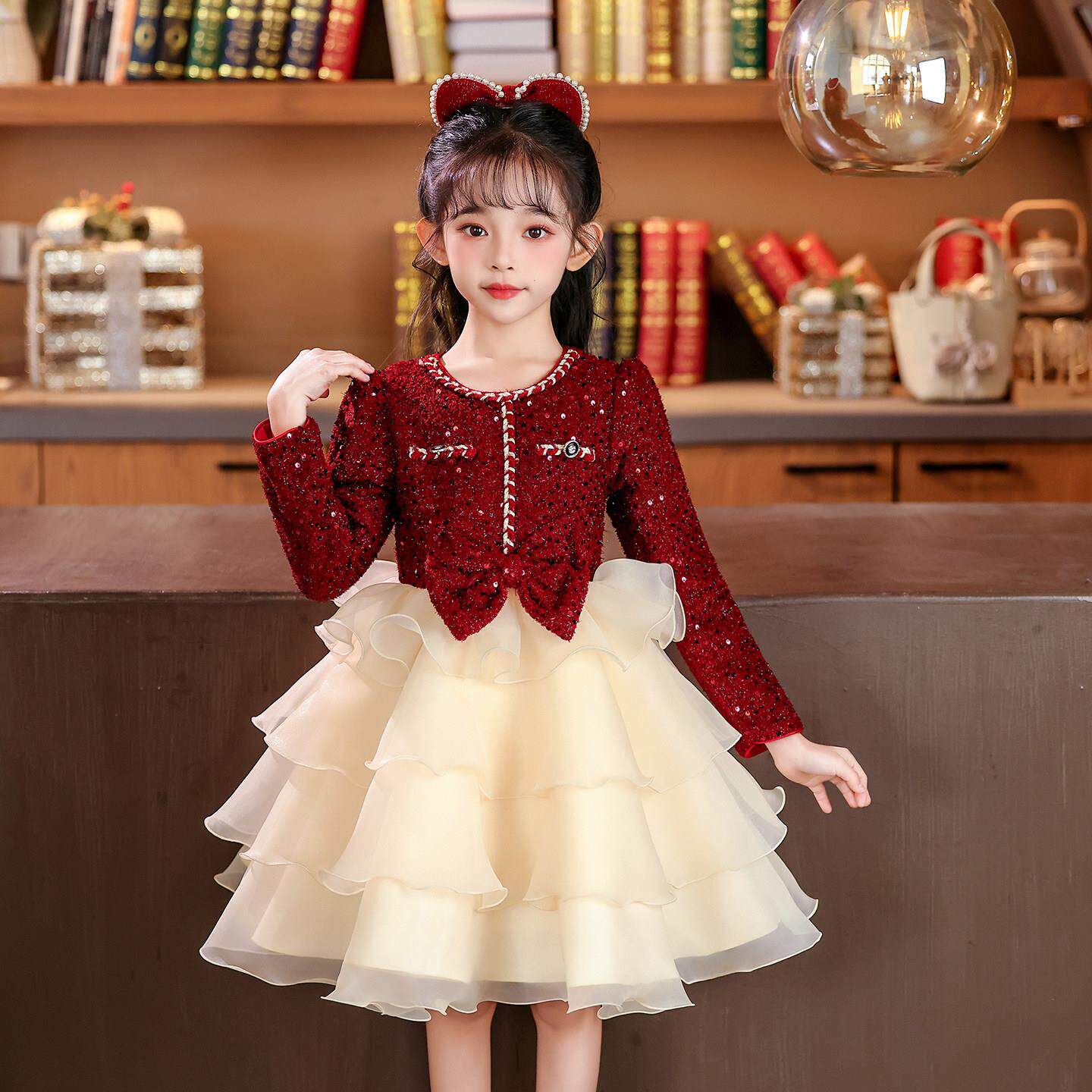 女童公主裙礼服儿童装洋气连衣裙子2025新款秋冬装加绒蓬蓬新年装