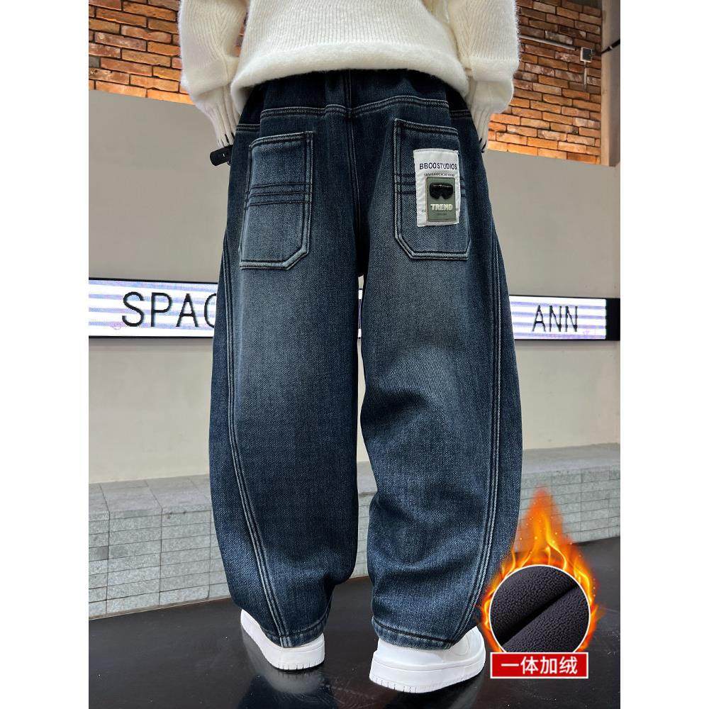 儿童牛仔裤春秋冬新款男童加绒裤子中大童长裤直筒韩版加厚男孩潮