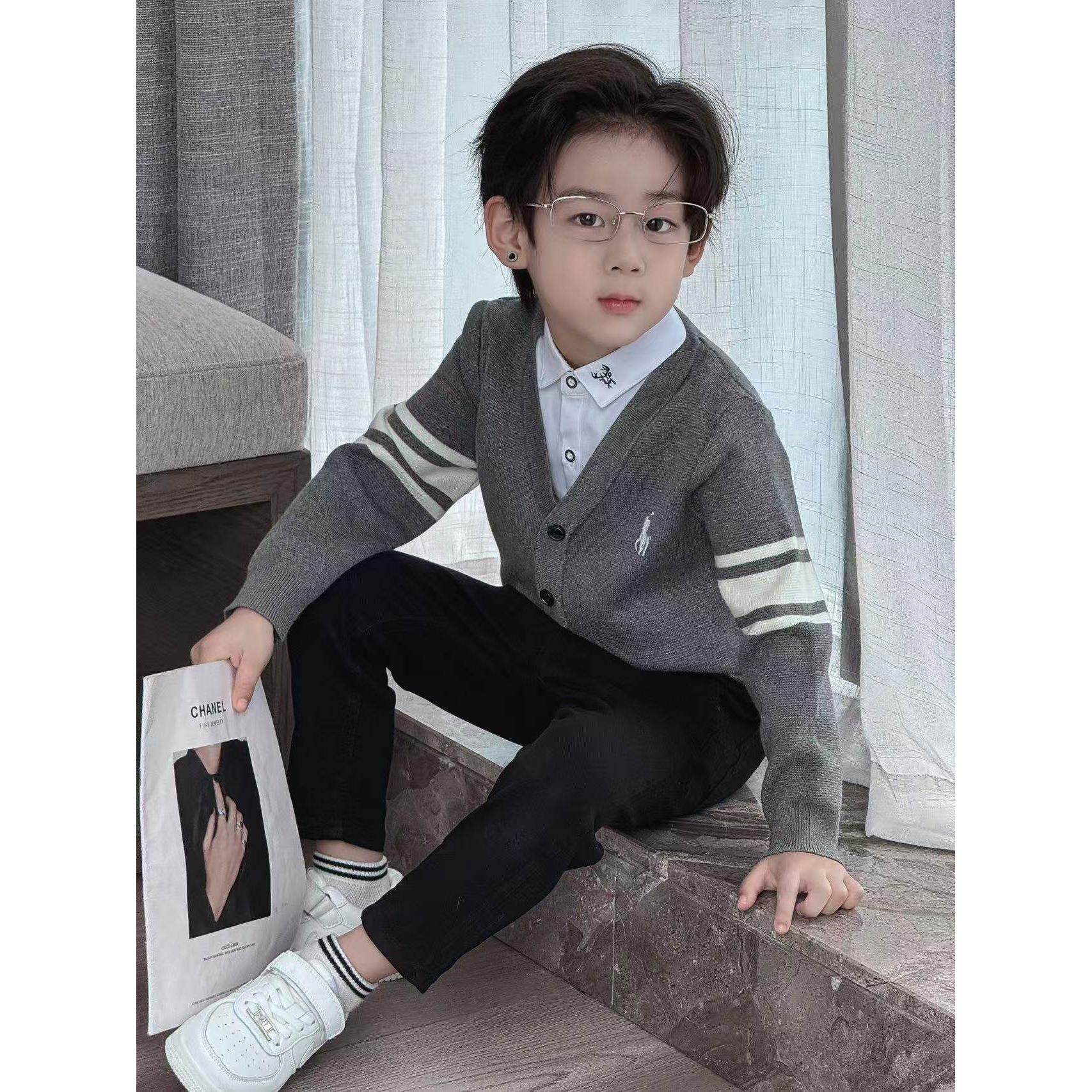 男童针织衫男孩假两件红色新年毛衣中大童2025秋冬儿童英伦风外套