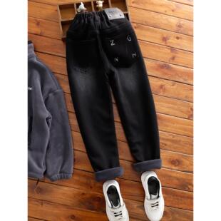 中大童一体绒牛仔裤男童修身瘦版加绒牛仔小脚裤儿童冬季窄版长裤