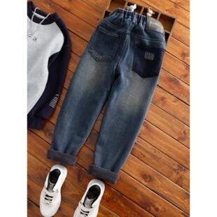 男童加绒牛仔裤中大童窄版老爹牛仔小脚裤儿童一体绒不宽不瘦长裤