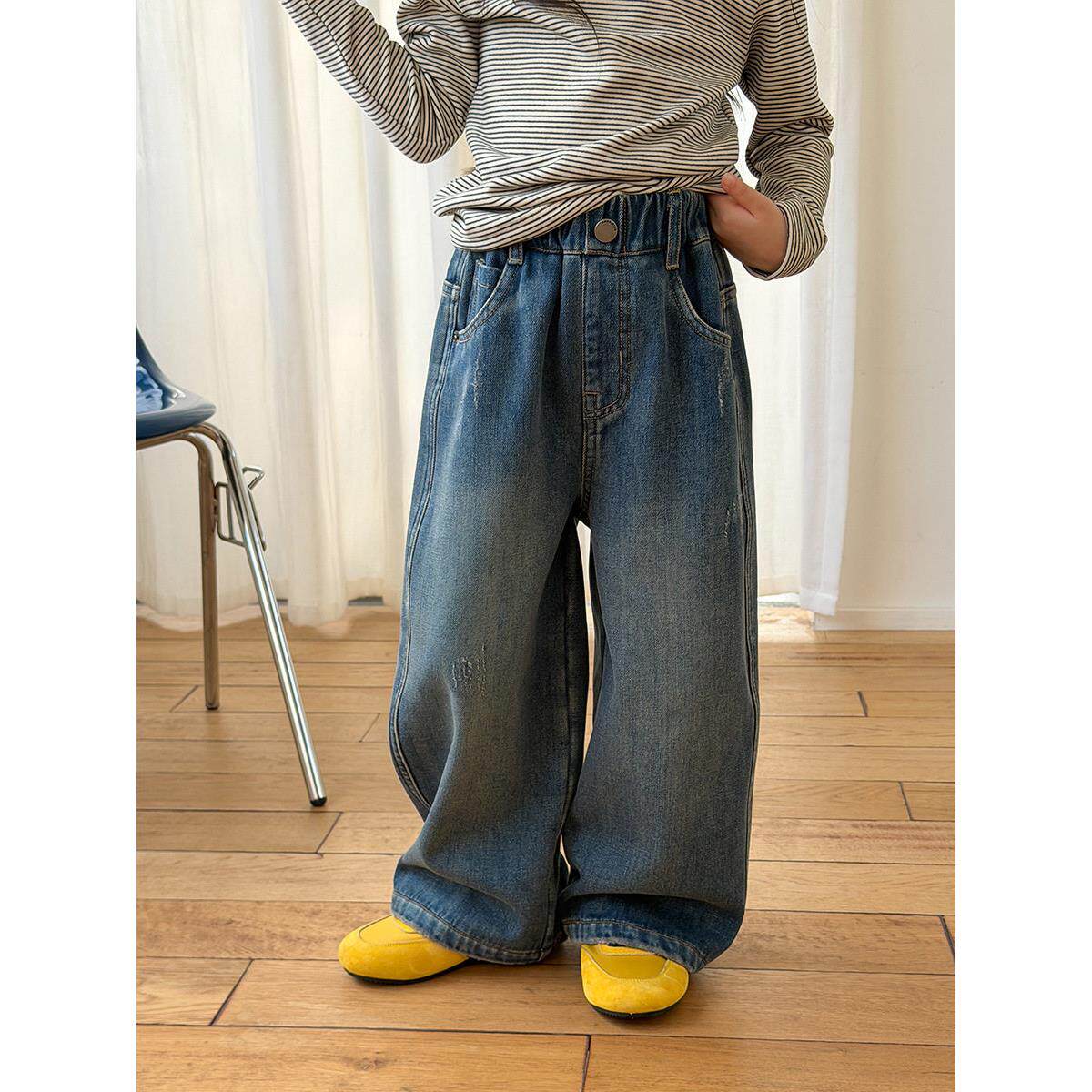 男女童薄绒牛仔裤韩版宽松中大童秋冬直筒裤洋气儿童加绒休闲长裤