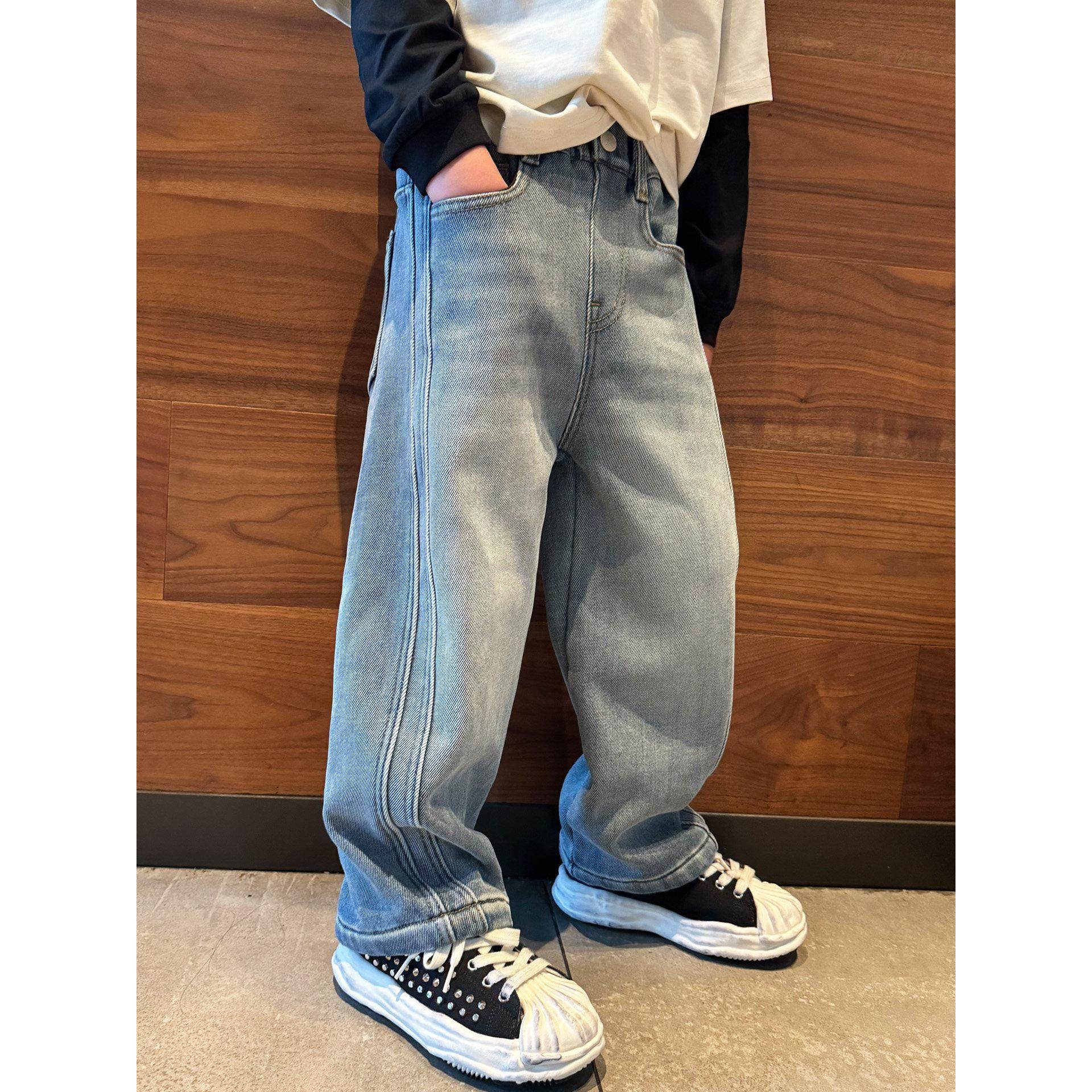 男童加绒牛仔裤子直筒阔腿宽松2025冬款新品宝宝潮流儿童厚长裤