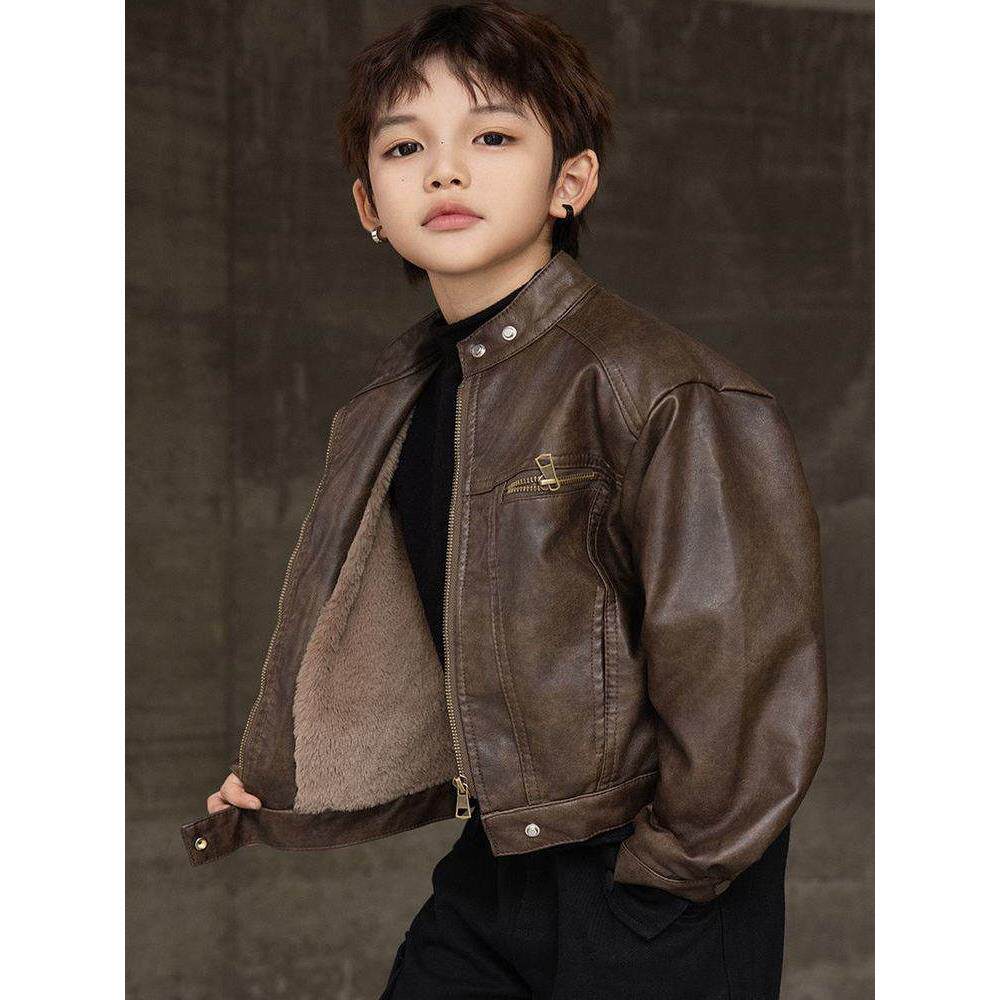 男童加绒皮衣冬季2025新款酷帅儿童加厚外套立领中大童保暖夹克潮