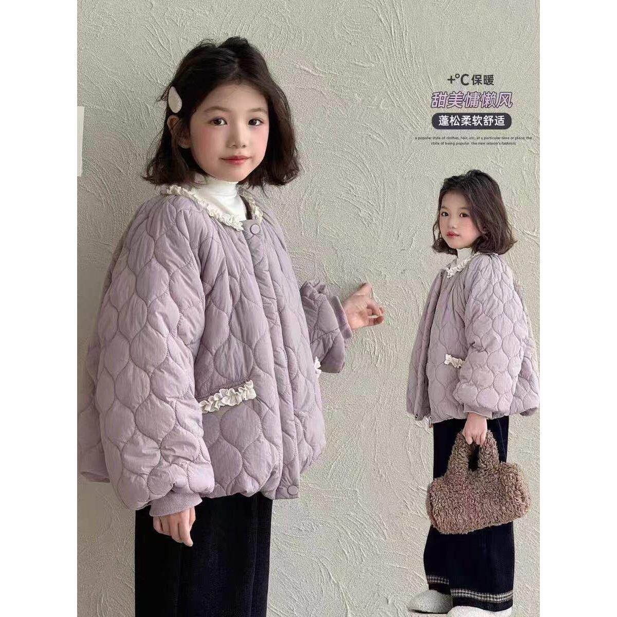 女童夹棉外套秋冬新款儿童加绒加厚紫色二棉薄棉棉服超好看初冬女