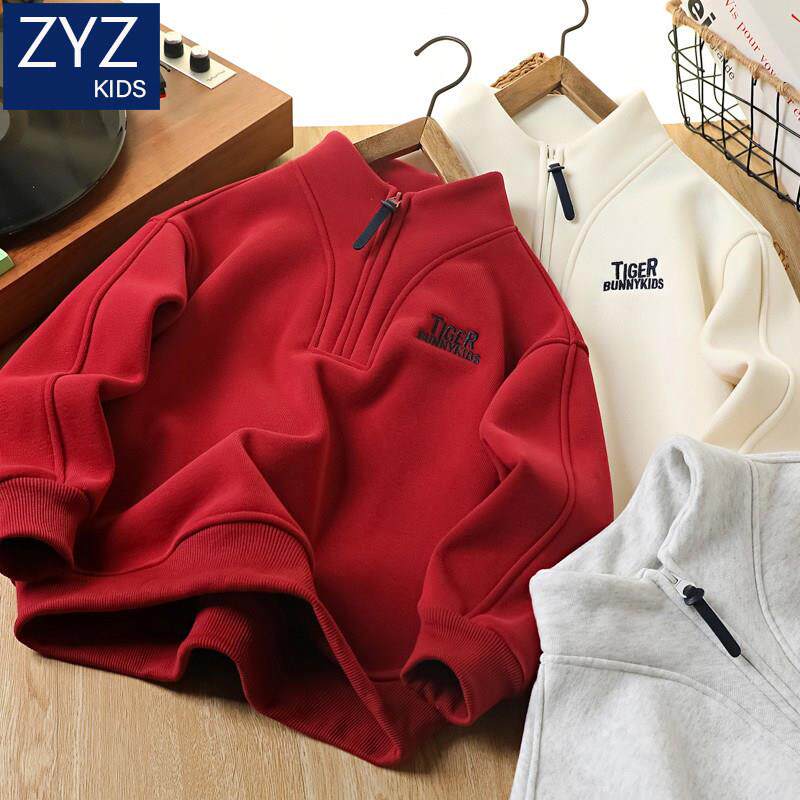 男童冬季加绒卫衣中大童儿童半高领防风加厚保暖童装男孩红色上衣