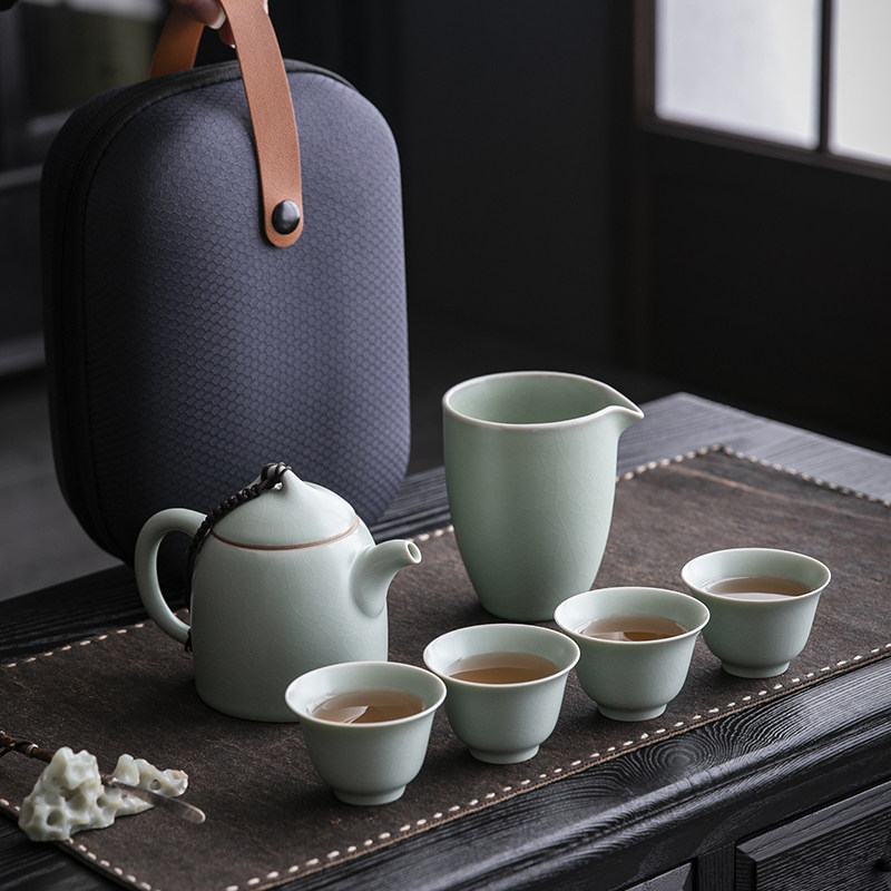 可携式汝窑旅行功夫茶具4人用开 片可养陶瓷泡茶壶茶杯公道杯套装