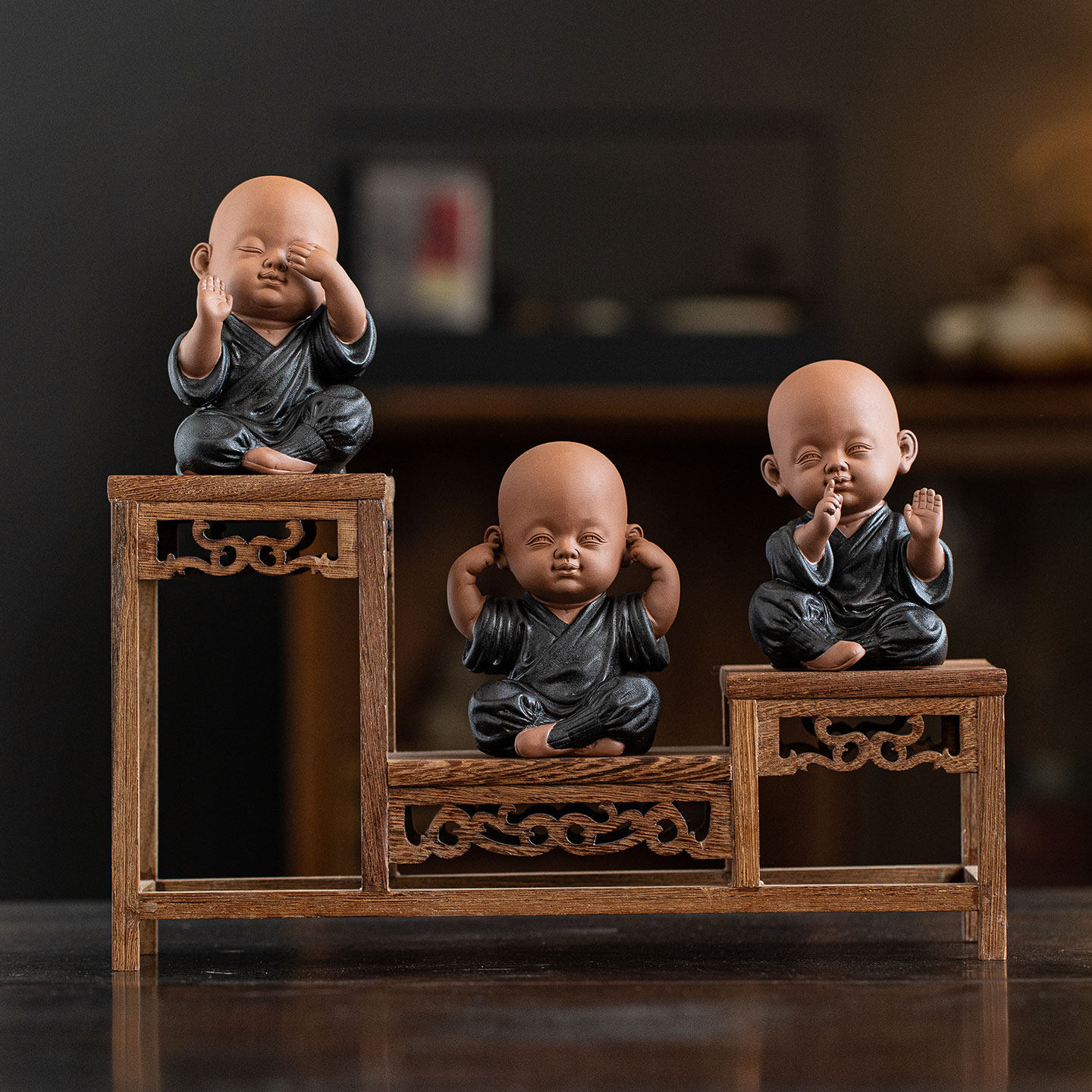 中式陶瓷三不小和尚禅意摆件