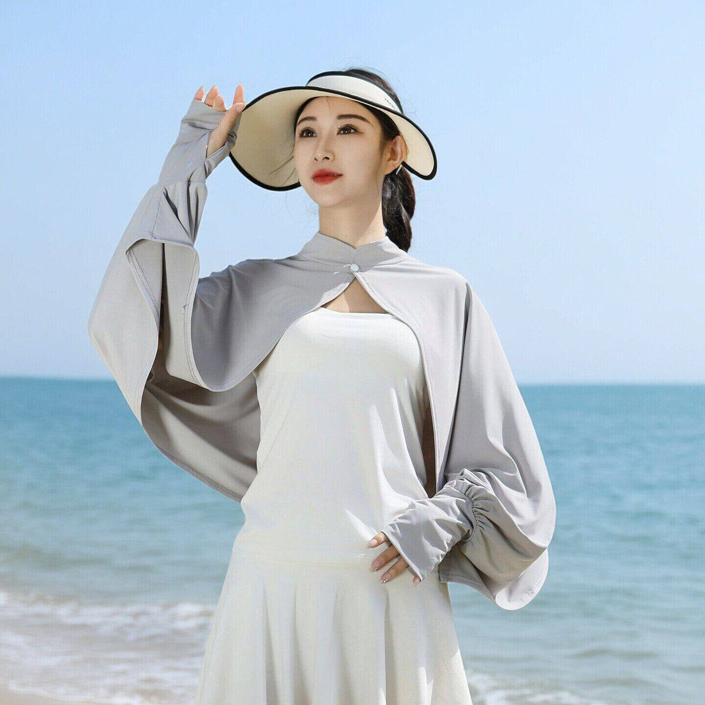 冰丝防晒衣披肩袖套一体斗篷女夏季短款薄外套骑车防晒服透气披风