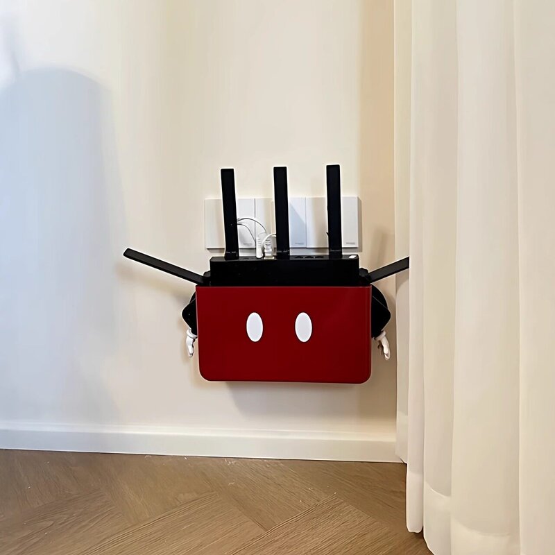 米奇wifi路由器收纳盒上墙免打孔光猫插线板遥控器置物架创意装饰
