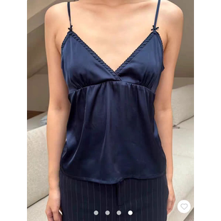 减标 纯元 藏蓝色小清新外女光滑丝绸绣花甜美显瘦吊带气质欧美