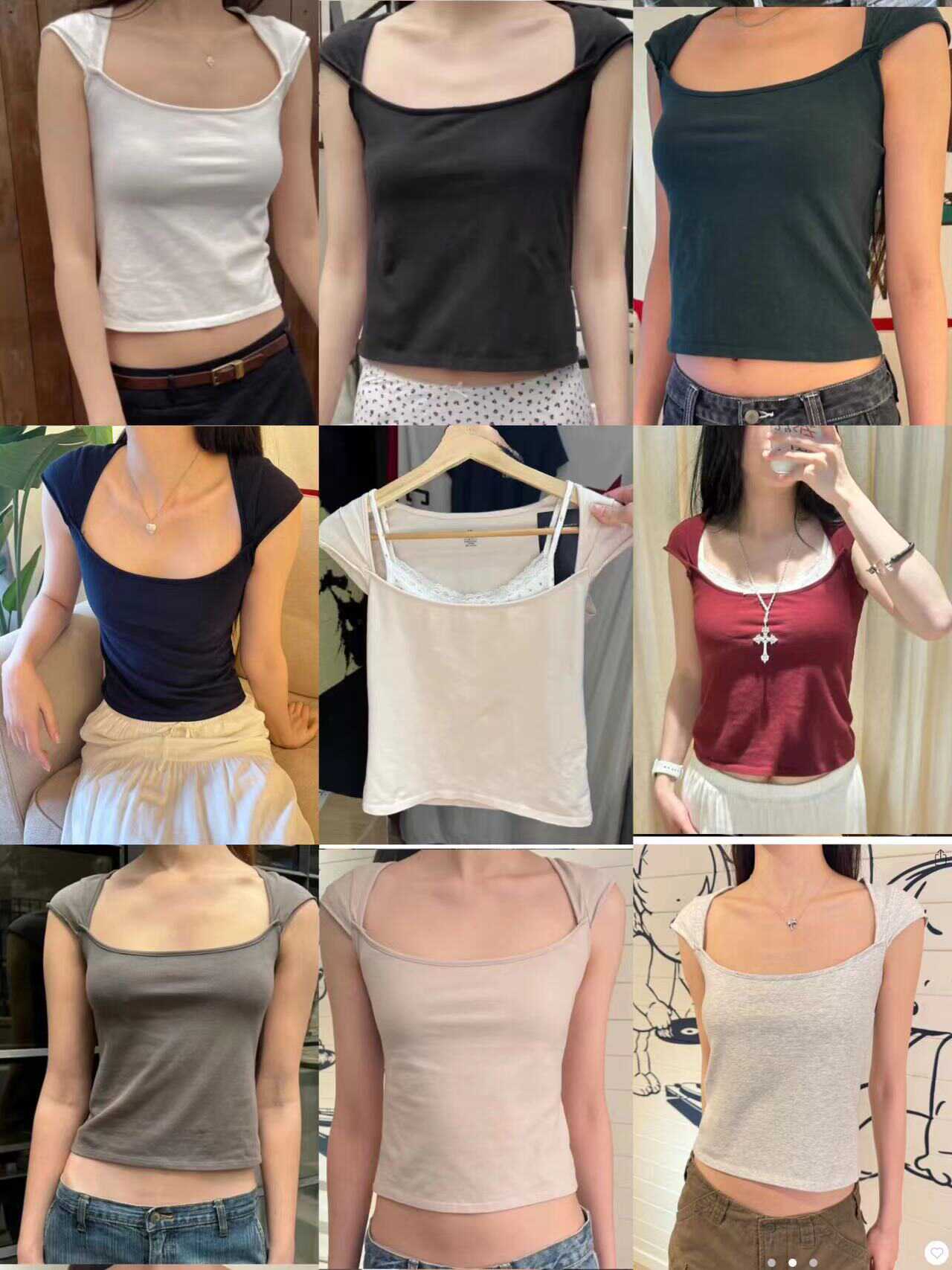 纯元~减标~明星同款方领小飞袖多色纯棉短袖T恤女装Ella Top上衣