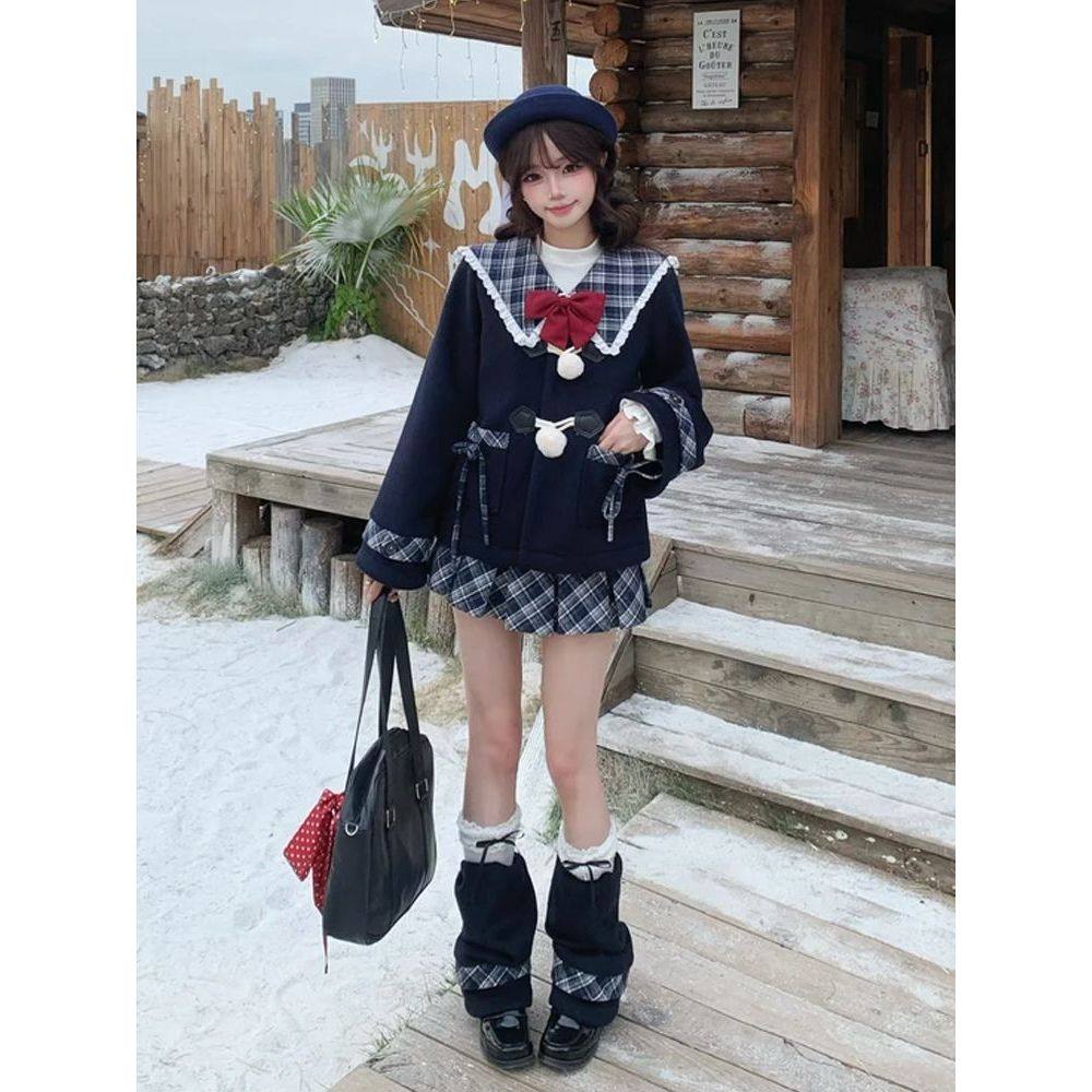 冬日恋歌 秋冬学院风藏青色宽松海军领毛呢外套格纹百褶裙两件套,女装/女士精品,时尚套装,淘宝优惠券,粉丝福利购,淘宝优惠卷