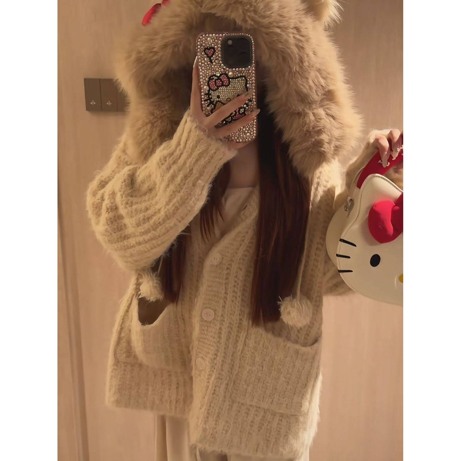 软猫 2025秋冬新款设计感毛茸茸kitty毛衣慵懒风甜美针织外套女,女装/女士精品,短外套,淘宝优惠券,粉丝福利购,淘宝优惠卷