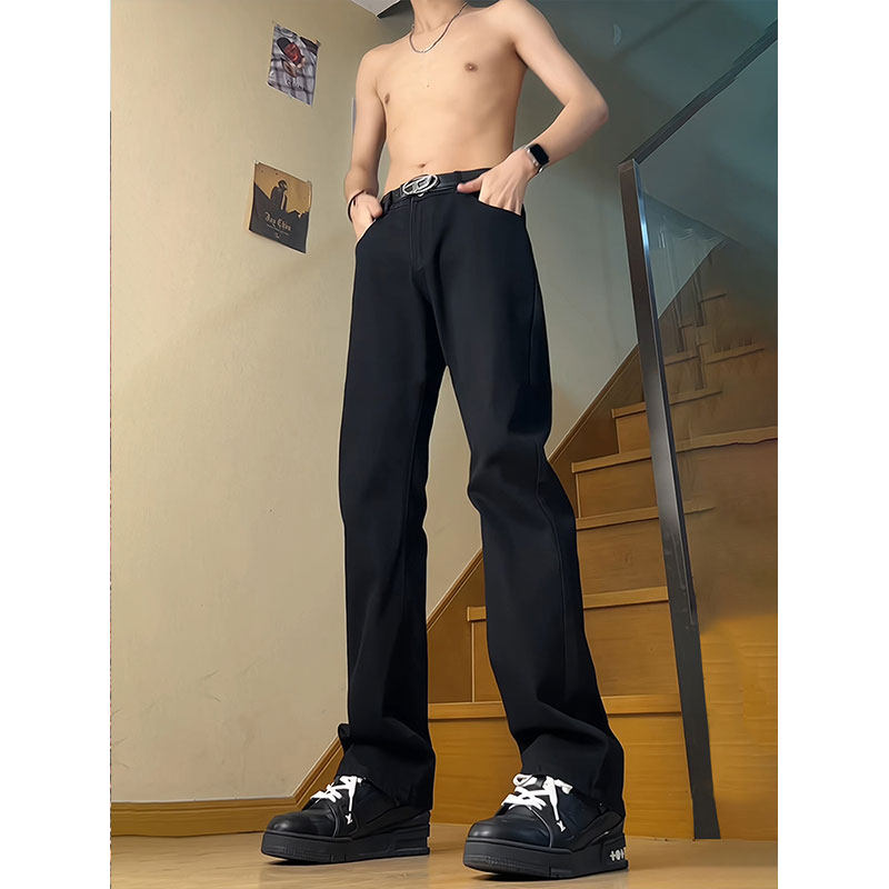 黑色牛仔裤男款皮带款高腰显瘦春秋款裤子修身直筒窄版弯刀微喇叭