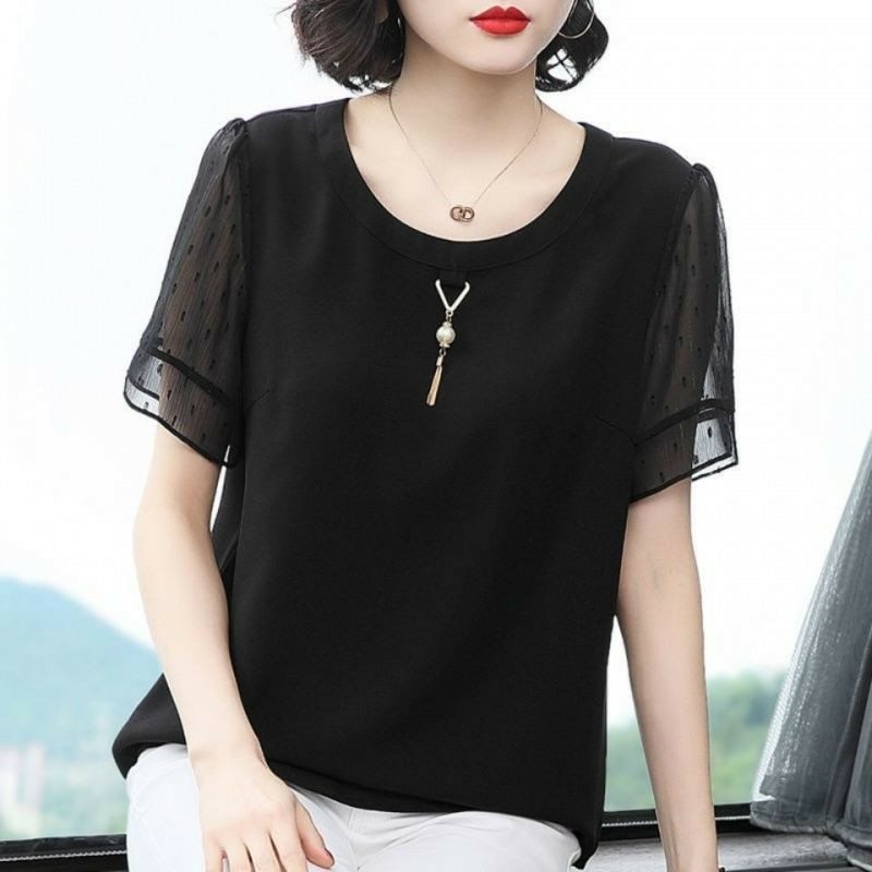 2023新款遮肚显瘦雪纺衫夏装中年妈妈装宽松大码短袖洋气小衫上衣