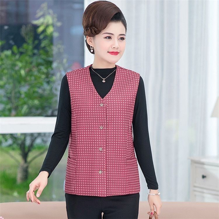 妈妈春装格子马甲新款中老年女装春秋短款马夹背心大码薄上衣坎肩