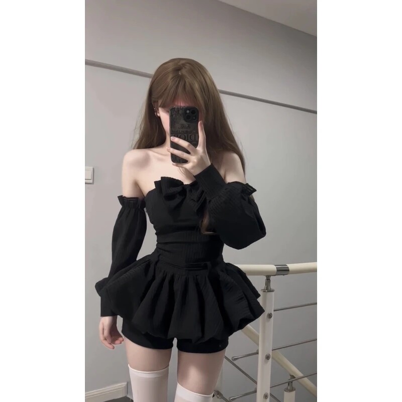 秋季辣妹性感气质女蝴蝶结抹胸上衣设计感内搭短裤袖套韩系三件套
