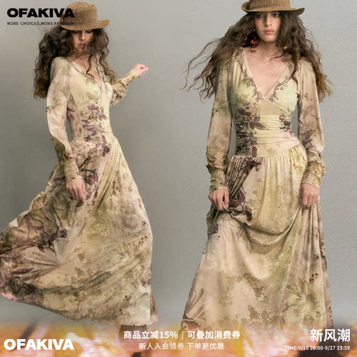 OfAkiva“旧雾草本”复古印花连衣裙女长袖V领褶皱收腰显瘦长裙