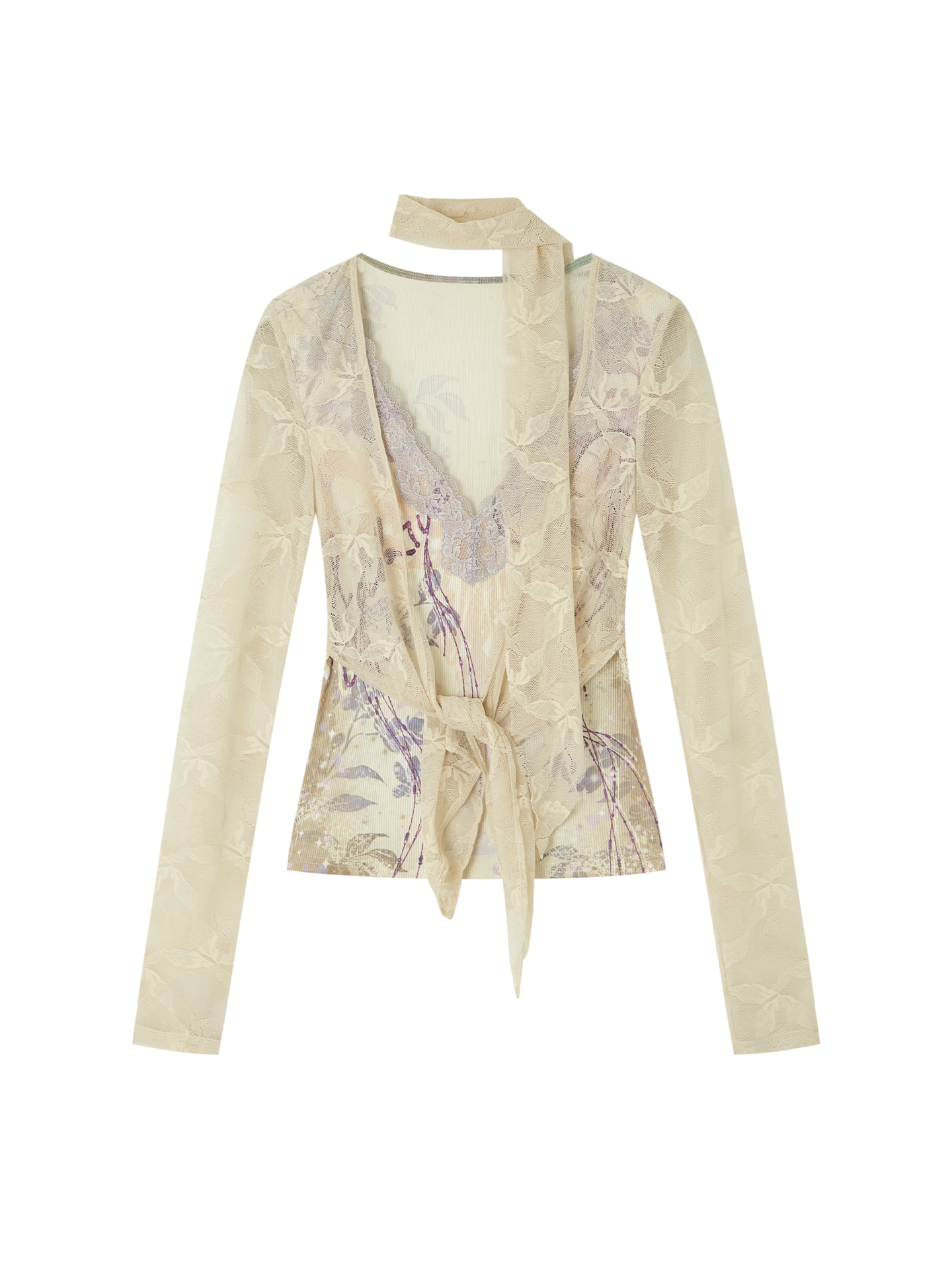 thumbnail for OfAkiva "Nalati's Cloud" lace patchwork faux two-piece cardigan, printed romantic pure desire base layer