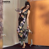 浪漫法式 OfAkiva 繁花 挂脖连衣裙女春夏V领辣妹感包臀鱼尾长裙