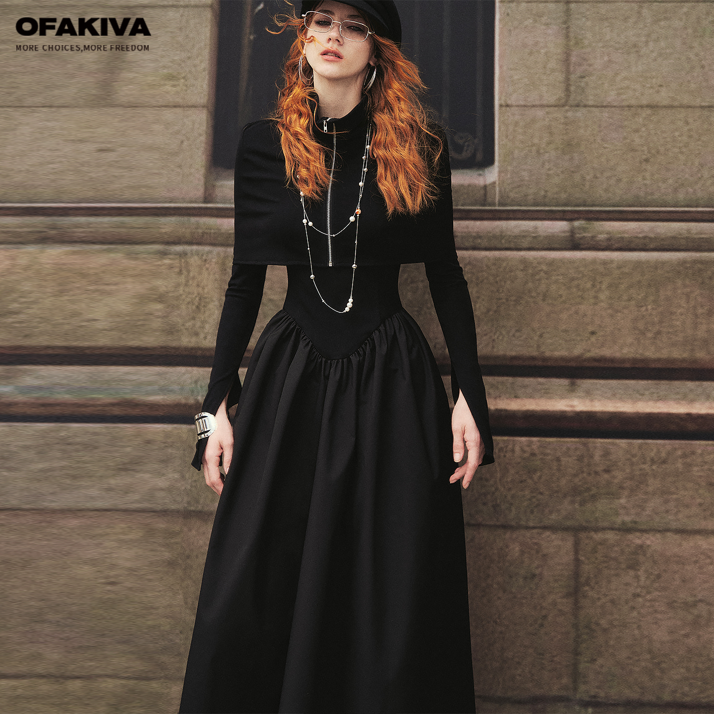 OfAkiva“黎明破晓”气质v领盘扣拼接大摆围收腰长袖连衣裙