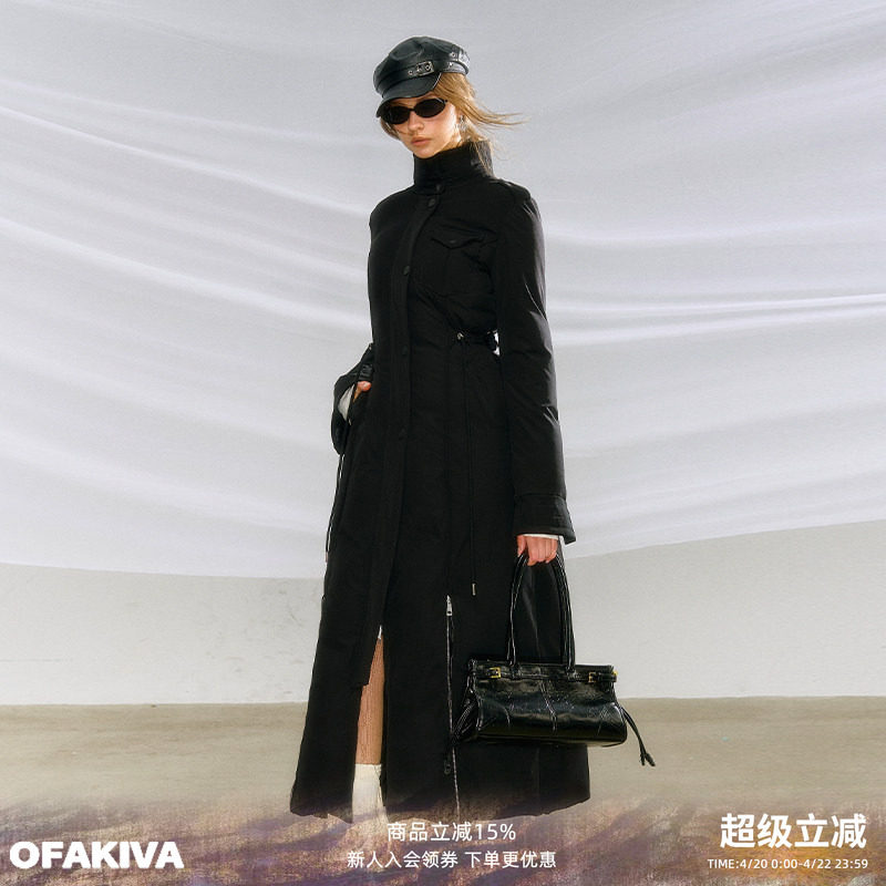 【现货】OfAkiva 黑色鹅绒羽绒服女冬季立领设计感收腰显瘦长外套