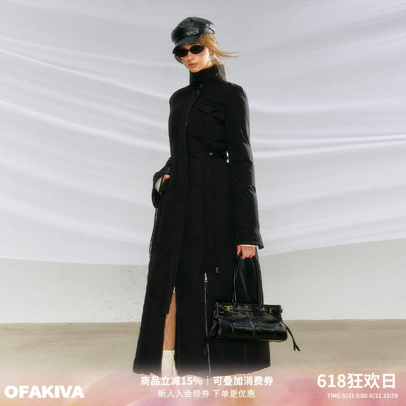 【现货】OfAkiva 黑色鹅绒羽绒服女冬季立领设计感收腰显瘦长外套