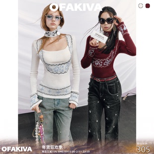 【现货】OfAkiva“发布会”费尔岛方领针织衫女复古提花辣妹上衣