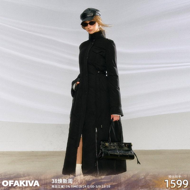 【现货】OfAkiva 黑色鹅绒羽绒服女冬季立领设计感收腰显瘦长外套