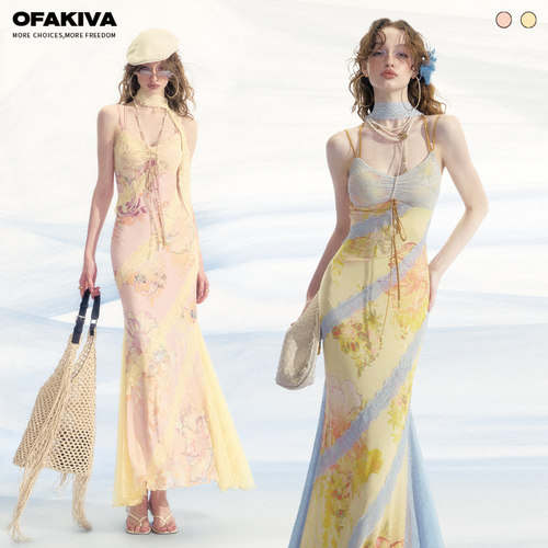OfAkiva“十四行诗”浪漫印花连衣裙女夏挂脖蕾丝拼接碎花吊带裙