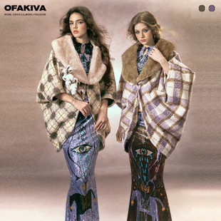 【现货】OfAkiva“柠檬海盐”格纹毛领拼接毛呢外套女斗篷大衣