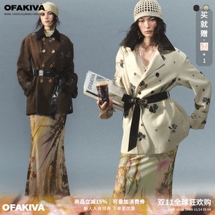 OfAkiva“复古胶片”重磅钉珠刺绣风衣女双排扣撞色皮革拼接外套