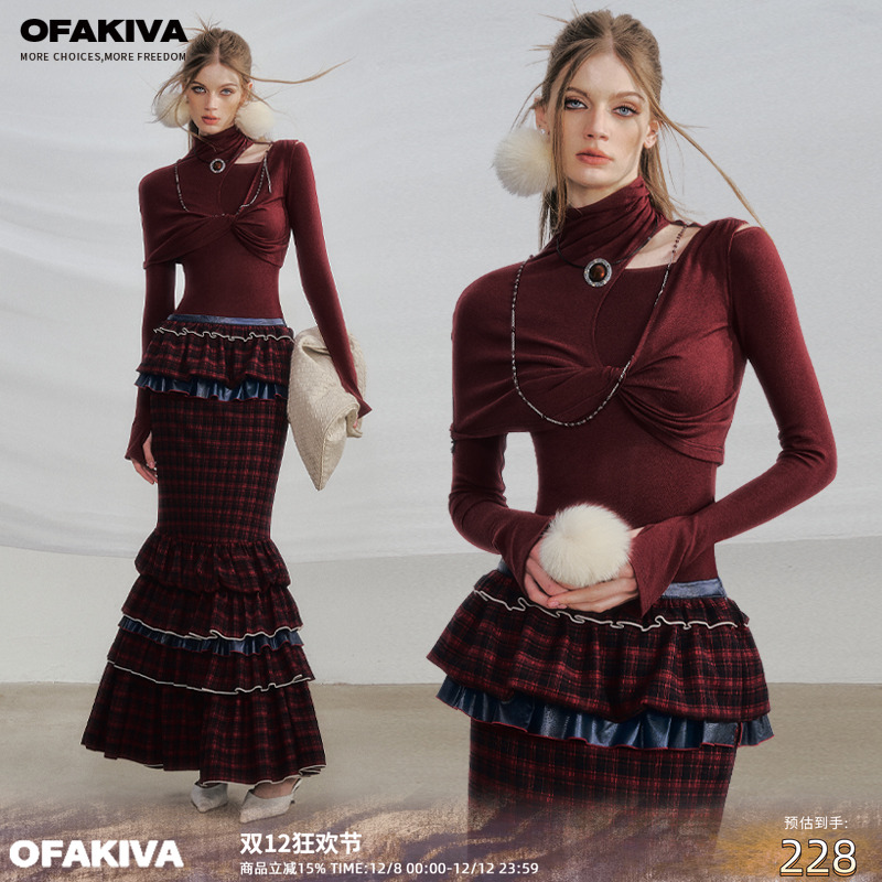 OfAkiva“野杜鹃”两件式不对称褶皱羊毛针织衫女扭结设计感上衣