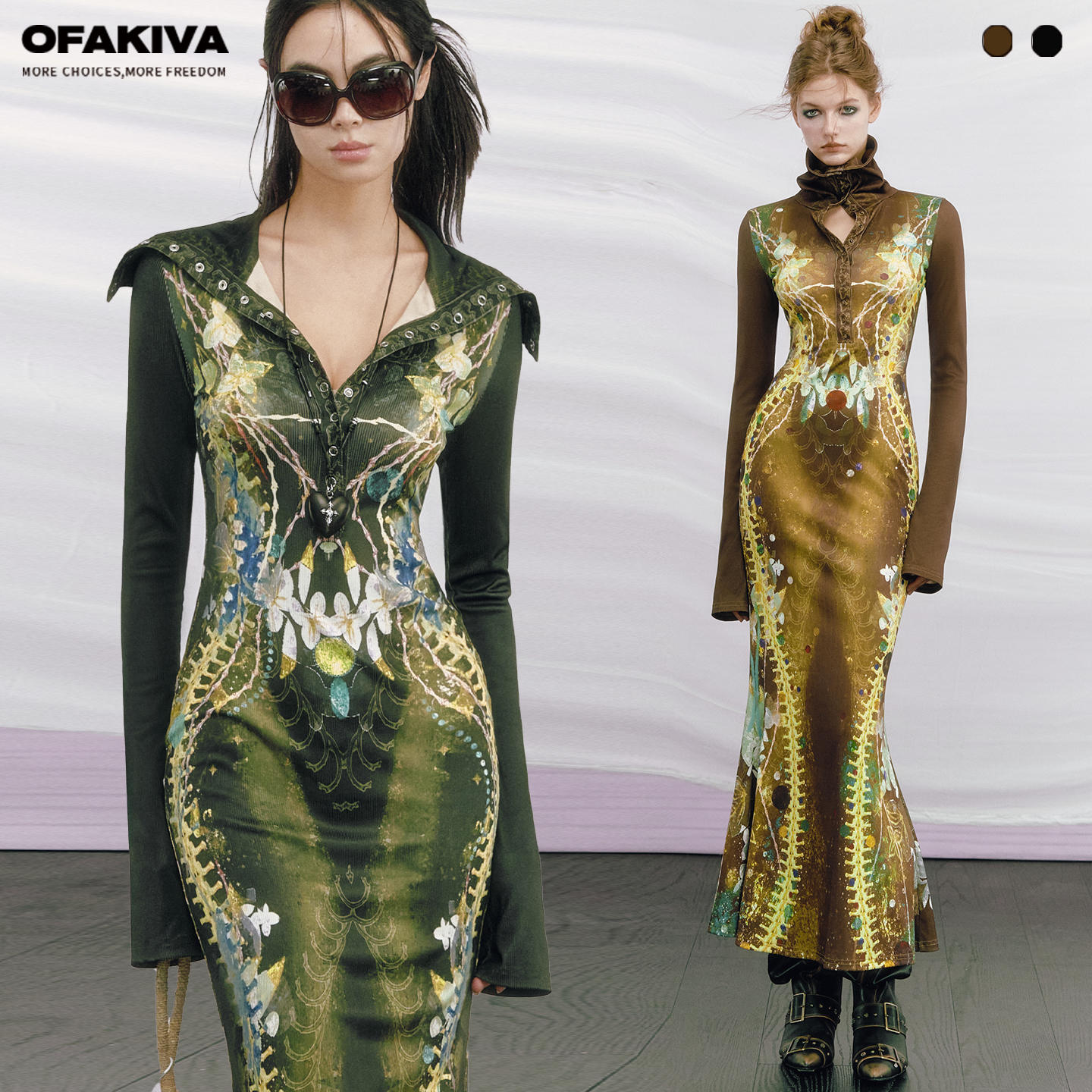 OfAkiva“如是”原创设计骨头印花连衣裙女长袖高领针织鱼尾长裙,女装/女士精品,连衣裙,淘宝优惠券,粉丝福利购,淘宝优惠卷