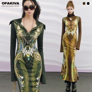 OfAkiva“如是”原创设计骨头印花连衣裙女长袖高领针织鱼尾长裙
