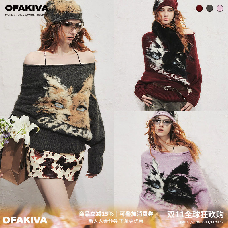 OfAkiva“狮子猫”原创猫咪仿貂绒图案斜肩长袖宽松慵懒风毛衣女