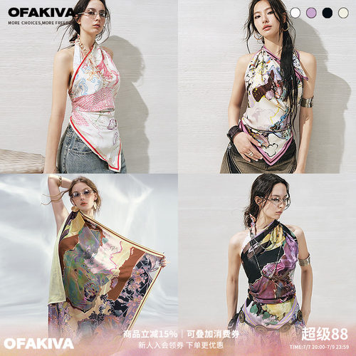 OfAkiva 原创手绘复古缎面印花方巾抹胸