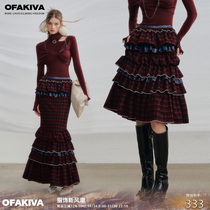 OfAkiva“红丝绒”圣诞红色格纹撞蓝长短两穿鱼尾蛋糕半裙