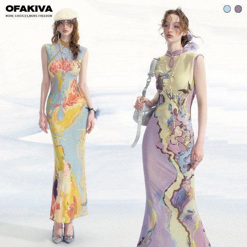 【李梦同款】OfAkiva“罗曼词”新中式印花旗袍连衣裙女背心长裙