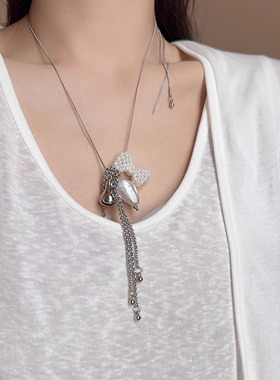 甜酷风珍珠蝴蝶结水晶爱心项链