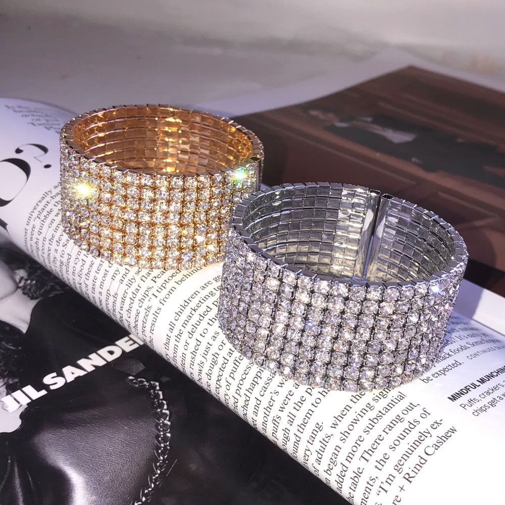 欧美时尚夜店超闪多排满钻开口手镯个性弹力宽版水钻手环手饰配饰