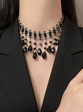 辣妹甜酷风黑色水晶多层流苏项链