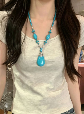 民族风复古串珠绿松石水滴项链女