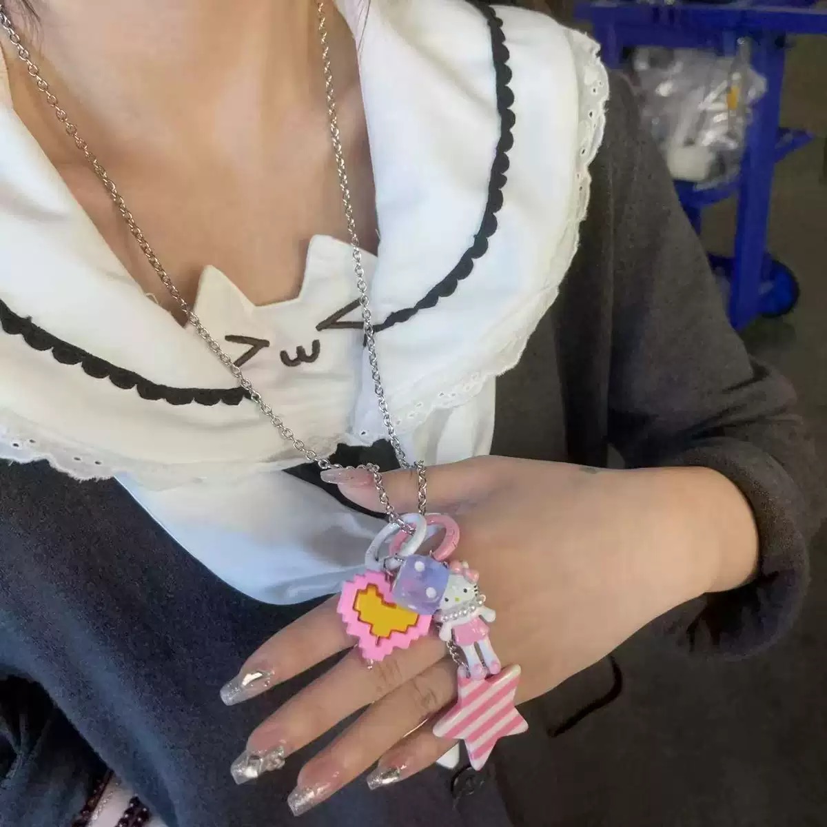 多巴胺粉多元素卡通猫咪爱心项链