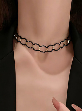 精致手作黑色choker锁骨链项链